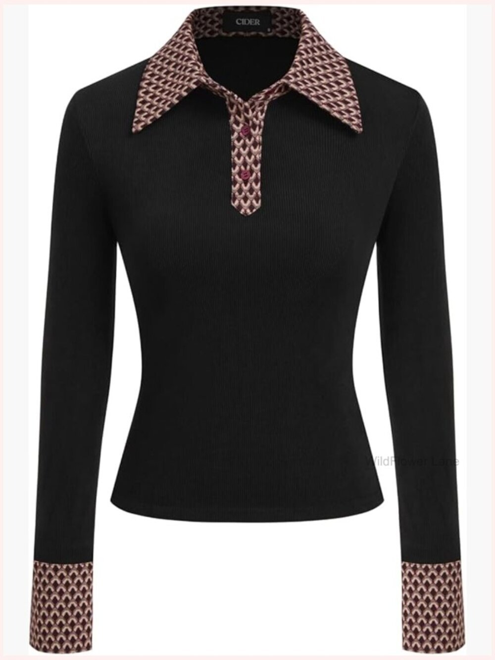 Long Sleeve Polo Shirt Geometric Binding Collared Top Button Fitted Blouse